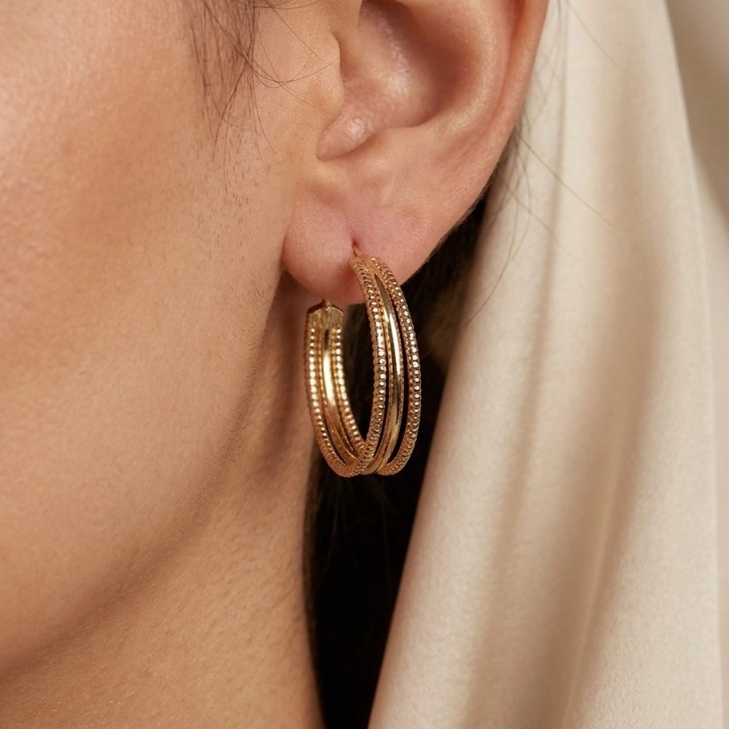 گوشواره زنانه حلقه ای مدل تابان طرح سه ردیفه تراش دار ژوپینگ