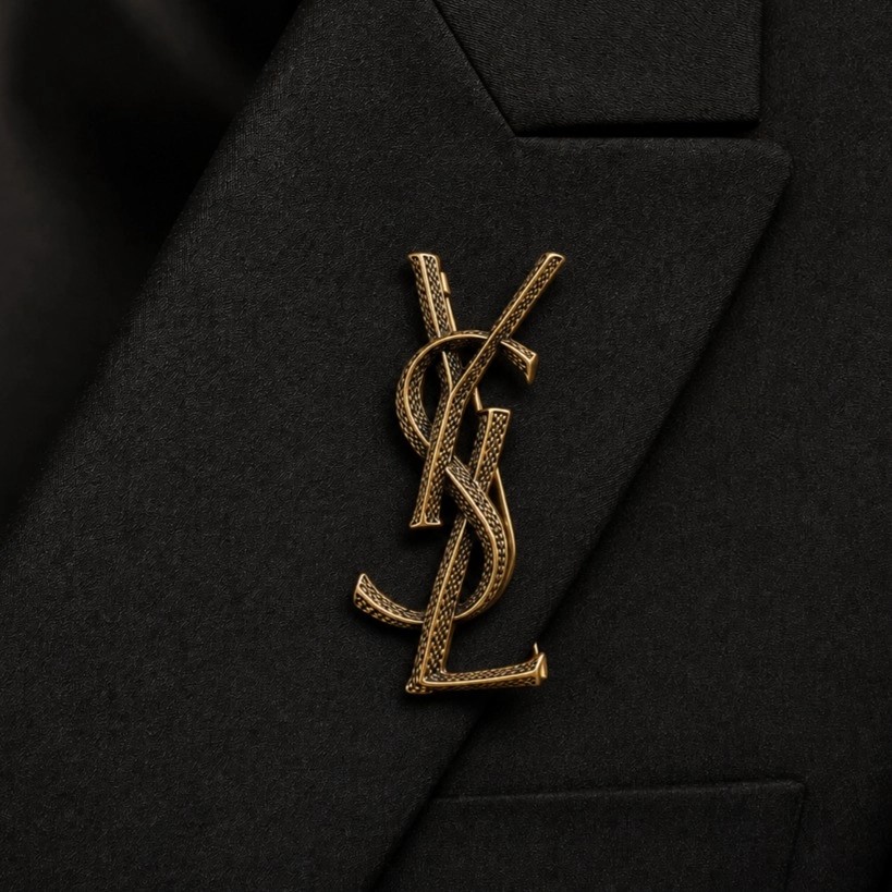 گل سینه مدل آرا طرح لوگو YSL طلایی بافت‌دار