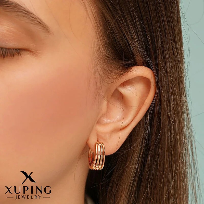 گوشواره حلقه ای مینیمال سه لاین روکش طلا ژوپینگ